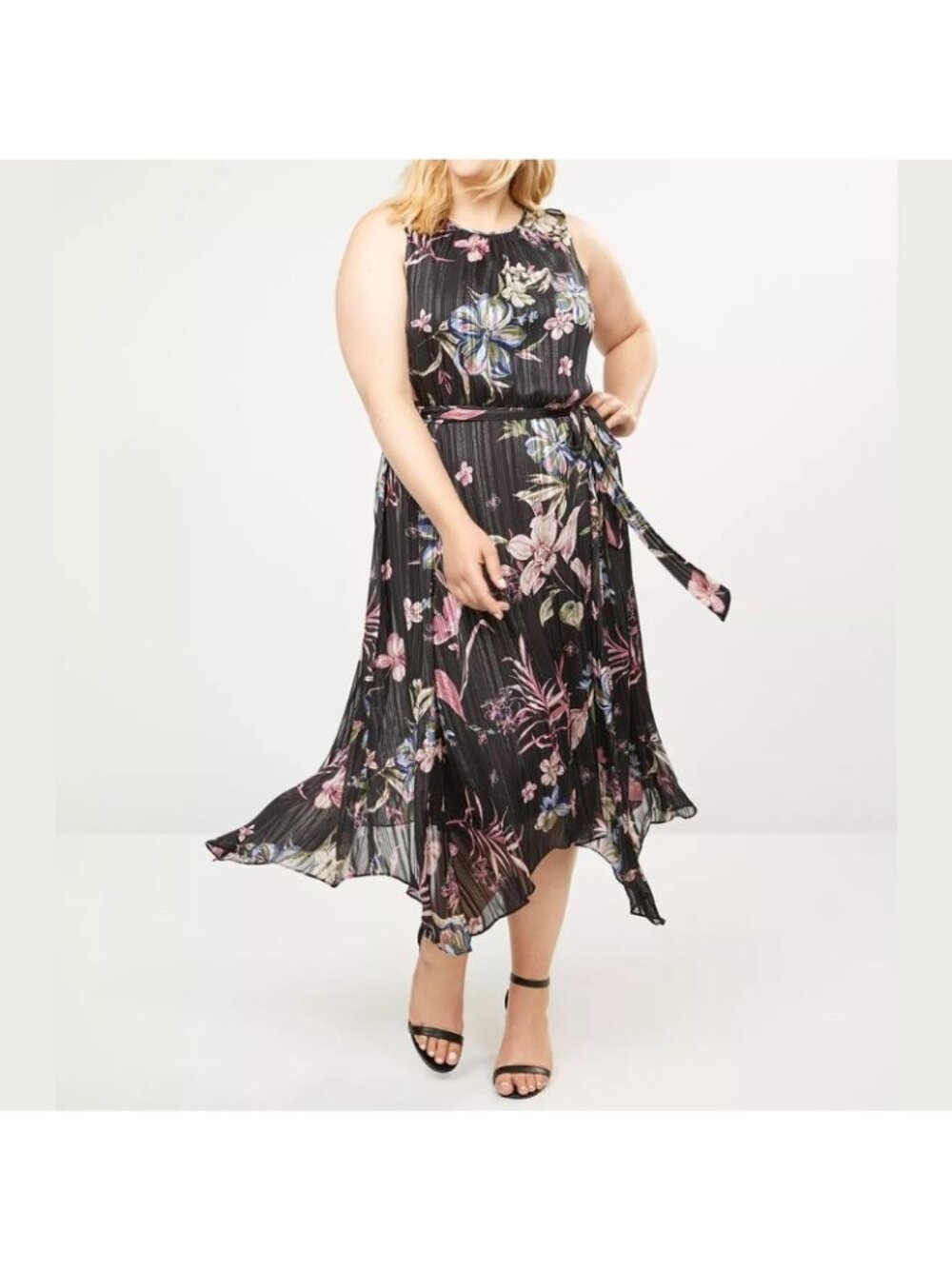 NWT Lane Bryant Womens Black Floral Metallic Handkerchief Hem Dress PLUS SIZE 28